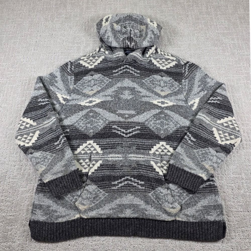 American Eagle Mens XL Grey Southwestern Geometric Knit Pullover Hoodie Sweater